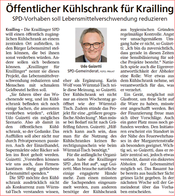 Öffentlicher Kühlschrank für Krailling. SPD-Vorhaben soll Lebensmittelverschwendung reduzieren.